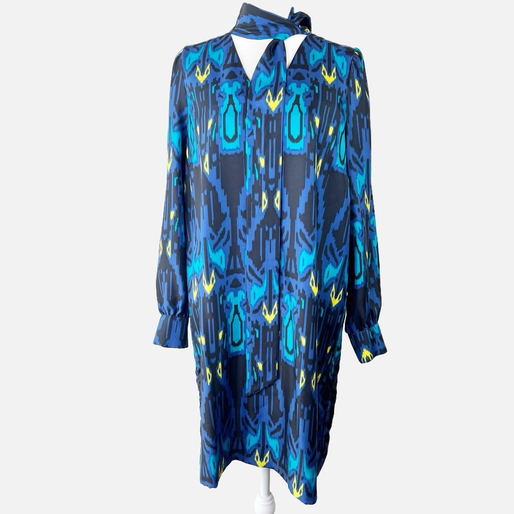 MARIE OLIVER Blue Ikat Medallion Retro Artsy Bright Bold 100%‎ Silk Dress MEDIUM